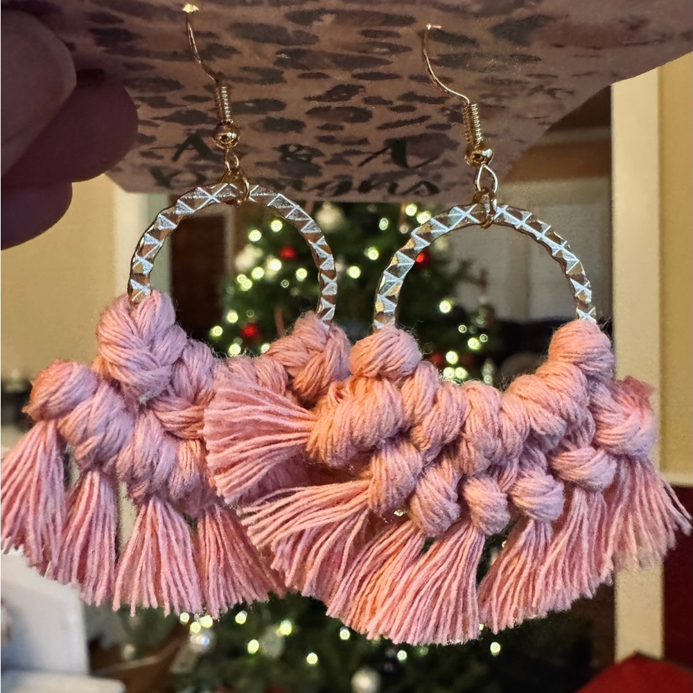 Boho Peach‎ Macrame and Silver  Hoop Earrings